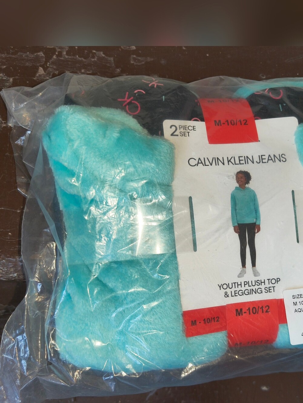 New Calvin Klein Girls Youth Plush Top & Legging 2-pc Set AQUA BLACK M 10/12 NWT